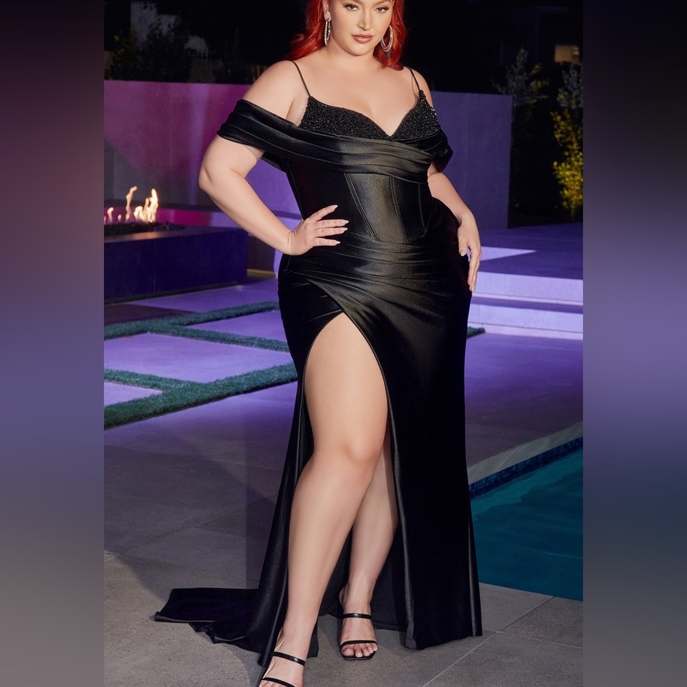Plus size black formal dress fitted long off shoulder look
